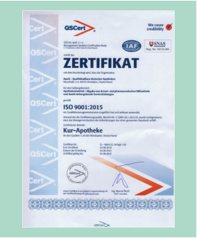 OSCert I ISO 9001:2015 I Kur Apotheke Wiesbaden I An den Quellen I Wiesbaden